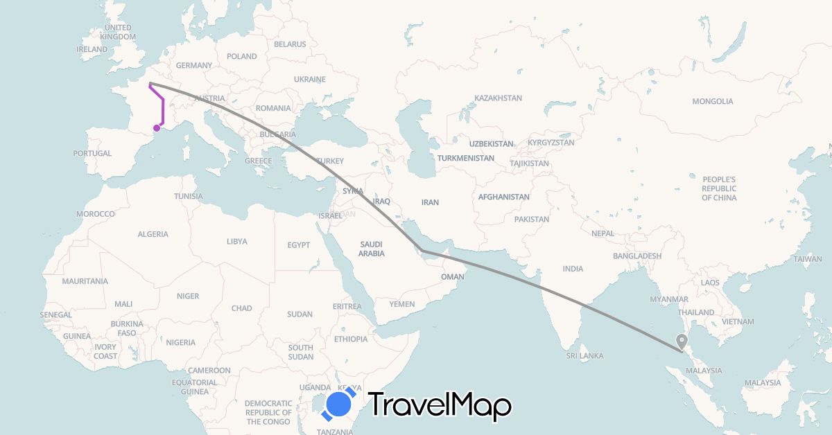 TravelMap itinerary: plane, train in France, Qatar, Thailand (Asia, Europe)
